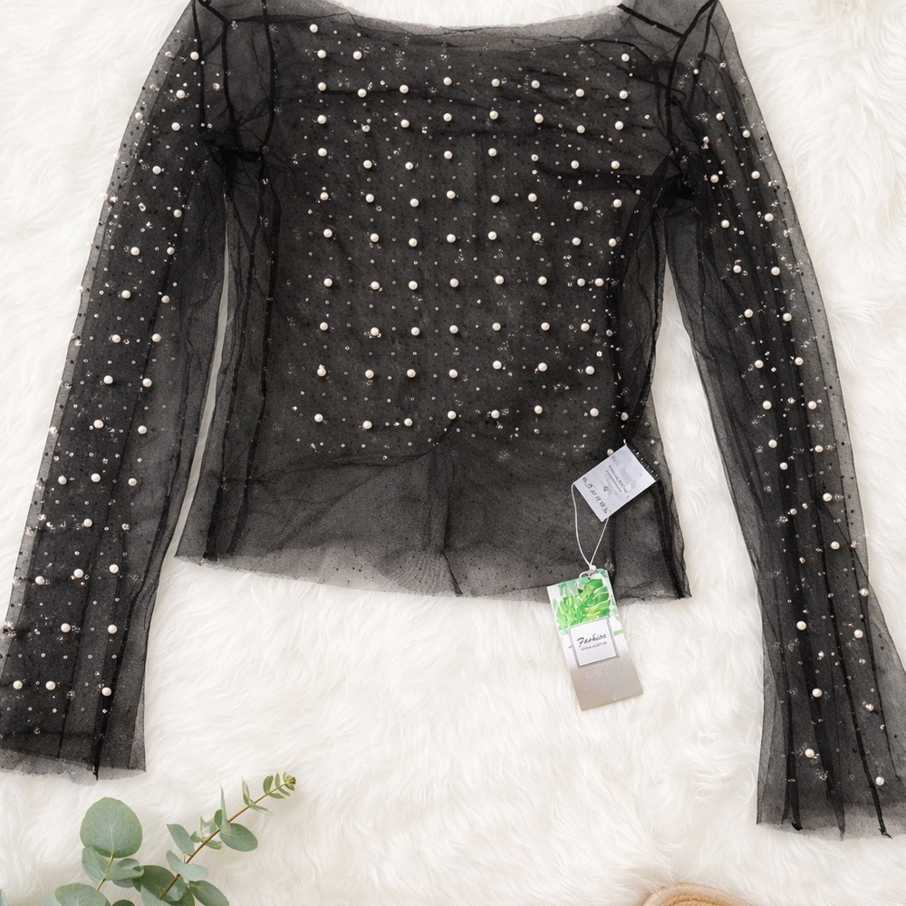 Elegant Black Sheer Pearl-Embellished Top